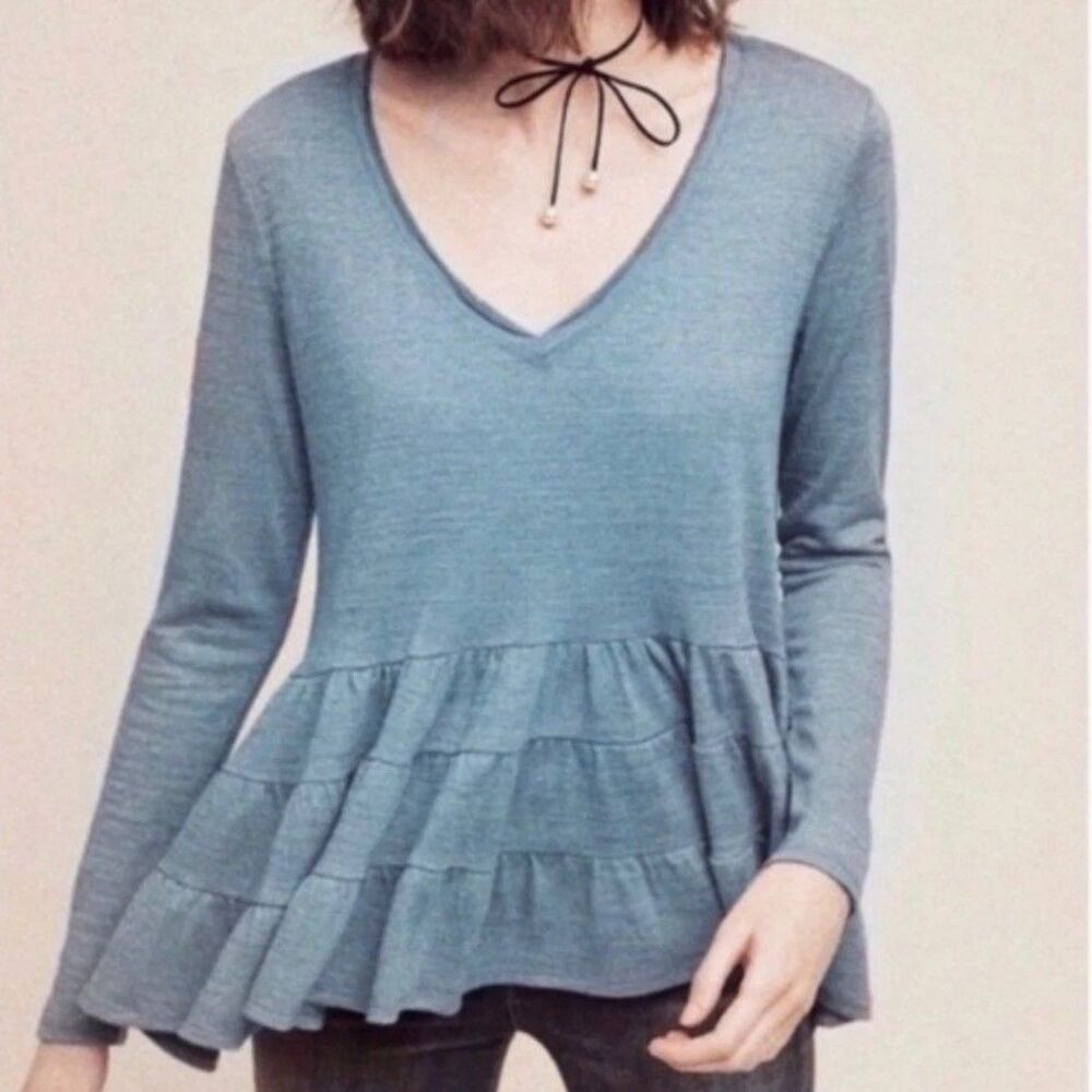 Anthropologie Deletta Thea Tiered Ruffle Peplum Teal Blue V Neck Shirt Top M